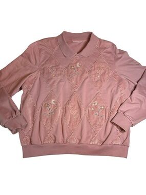 Vintage Alfred Dunner Rose Pink Sweatshirt with Embroidered Hearts and Flowers